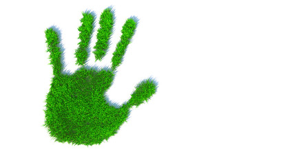 Concept or conceptual green grass handprint isolated on white background. A metaphor for ecology, environment, recycle, nature conservation,  pring or protection against global warming 3d illustration