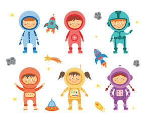 Kids astronauts and cosmonauts set with rockets flat vector illustration isolated.