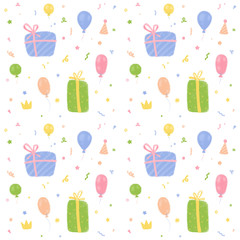 Happy Birthday seamless background with balloon, confetti and gift box
