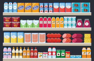 Supermarket shelves with assortment products and drinks flat vector illustration.