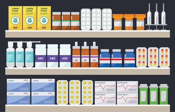 Pharmacy store shelves with medicine