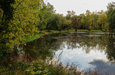 Fototapeta na wymiar Autumn, pond, bench, Park.