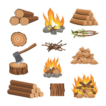 Firewood icons set with burning flame and woods flat vector illustrations isolated.