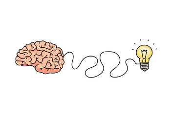 Cartoon brain icon and lightbulb symbol connected with wavy freehand line