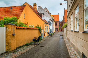 Street view with colorful buildings in Helsingor, Denmark