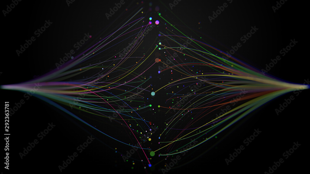 Poster 3d render of abstract data analysis concept. big data visualization via dot particles.