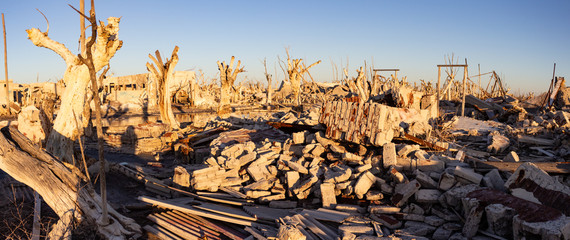 Abandoned and destroyed city in Buenos Aires. Ghost town of Epecuen. The destructive effect of nature resembles a bombardment.