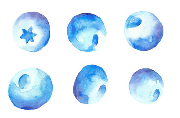 Set of six watercolor blueberries isolated on white background