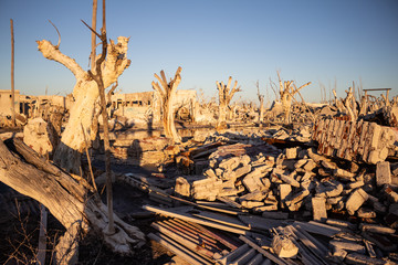 Abandoned and destroyed city in Buenos Aires. Ghost town of Epecuen. The destructive effect of nature resembles a bombardment.