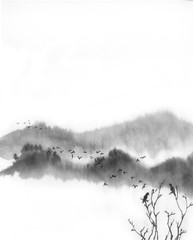 Background with mountains. Ink mountain landscape. Mountains in the fog. Trees on the mountain. Ink image. Pine trees