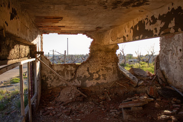 Abandoned and destroyed city in Buenos Aires. Ghost town of Epecuen. The destructive effect of nature resembles a bombardment.