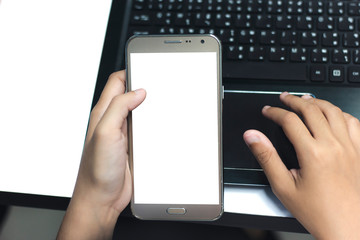 hand holding smart phone with blank screen isolated on white
