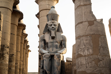 Colossal seated statue of Ramesses II and the pylons of Amenhotep III Colonnade at Luxor Temple, Luxor, Luxor governorate, Egypt