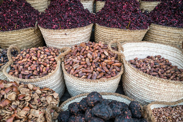 Dry fruits stall in an Open Air Market at the streets of Luxor, Luxor Governorate, Egypt