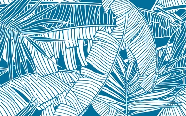Tapeten Tropisches Blattmuster. Nahtlose Textur mit Bananenlaub und Palmblatt. Gestaltungselement, Banner für Tourismus und Reiseindustrie, Sommerschlussverkauf, Druck für Stoffe und Textilien. © Iana