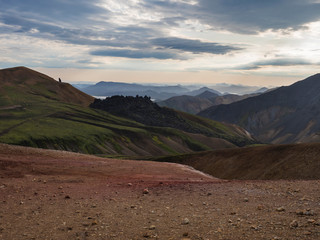 Colorful Rhyolit rainbow mountain panorma with multicolored volcanos. Sunrise in Landmannalaugar at Fjallabak Nature Reserve, Highlands Iceland