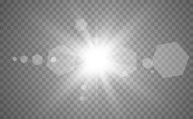 Fototapeta premium Special lens flash, light effect. The flash flashes rays and searchlight. illust.White glowing light. Beautiful star Light from the rays. The sun is backlit. Bright beautiful star. Sunlight. Glare.