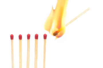 Matches in group burning safety-match with red, orange, yellow fire. Isolated on white background