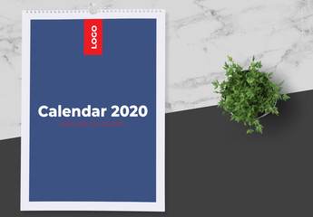 Blue and White 2020 Calendar Layout with Red Accents