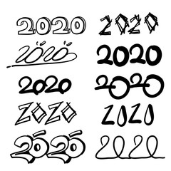 Set of 2020 happy new year signs and Collection of 2020 happy new year symbols with handwritten doodle cartoon