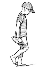 Sketch of little boy barefoot walking on beach