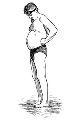 Sketch of man standing on sea coastline and sunbathing