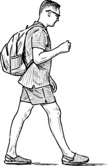 Sketch of man vacationer with backpack walking for stroll