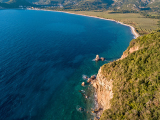 Aerial view of Buljarica beach. It is one of the largest beaches at the coast of Montenegro, close to Petrovac in direction of Bar. Budva municipality.