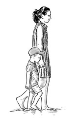 Sketch of young mother with her little son walking barefoot on coastline of sea beach