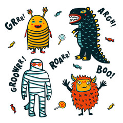 Halloween monsters costumes on white background. Cartoon illustration.