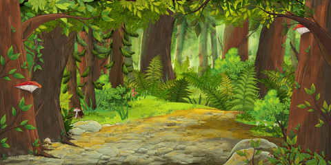cartoon summer scene with meadow in the forest illustration for children © honeyflavour