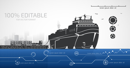 Roro ship and cars on the pier, infographic.