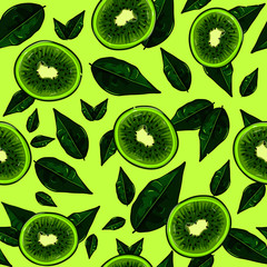 Half cut kiwies and green plant illustration. Seamless pattern of tropical fruits and lemon leaves. Sweet and sour food full of vitamin C, colorful snack vector.