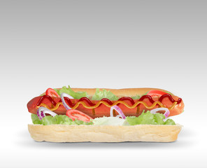 creative explosion of a hot dog with vegetables