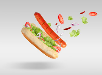 creative explosion of a hot dog with vegetables