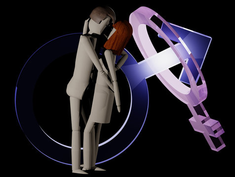 Mann und Frau k&uuml;ssen sich leidenschaftlich mit Symbolen f&uuml;r m&auml;nnlich und weiblich im Hintergrund (3D Rendering)