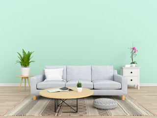 Gray sofa in living room for mockup, 3D rendering