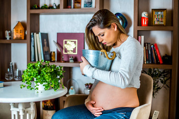 Young beautiful pregnant girl feeling pregnancy sickness in her home during daytime