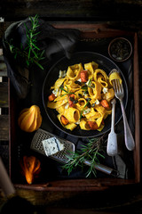 Pasta in pumpkin cream sauce with gorgonzola cheese 