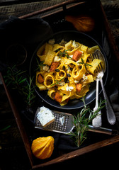 Pasta in pumpkin cream sauce with gorgonzola cheese 