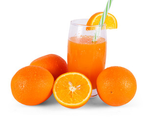 Fresh Orange Juice In Glass With Fruits On White Background 