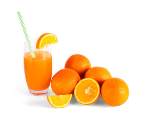 Fresh Orange Juice In Glass With Fruits On White Background 
