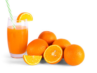 Fresh Orange Juice In Glass With Fruits On White Background 