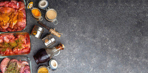 different pickled meat in glass bowls, and jars with spices ad herbs as curcuma,cardamon, rosemary, black pepper, soy and pomegranate sauce on grey background