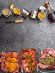 different pickled meat in glass bowls, and jars with spices ad herbs as curcuma,cardamon, rosemary, black pepper, soy and pomegranate sauce on grey background