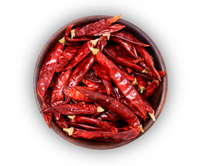 Red Chili Pepper In A Wooden Bowl Isolated On White Background