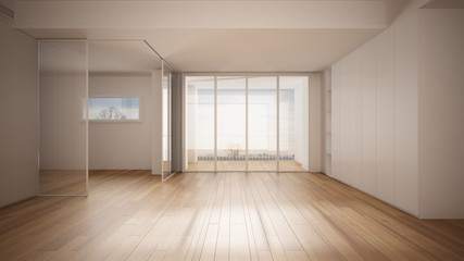 Fototapeta na wymiar Empty room interior design, open space with white walls and parquet wooden floor, modern contemporary architecture, panoramic window, morning light, mock-up with copy space