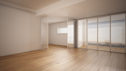 Empty room interior design, open space with white walls and parquet wooden floor, modern contemporary architecture, panoramic window, morning light, mock-up with copy space