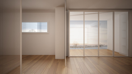 Empty room interior design, open space with white walls and parquet wooden floor, modern contemporary architecture, panoramic window, morning light, mock-up with copy space