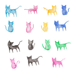 Cute colorful cats watercolor painting, hand drawn animals isolated on white background
